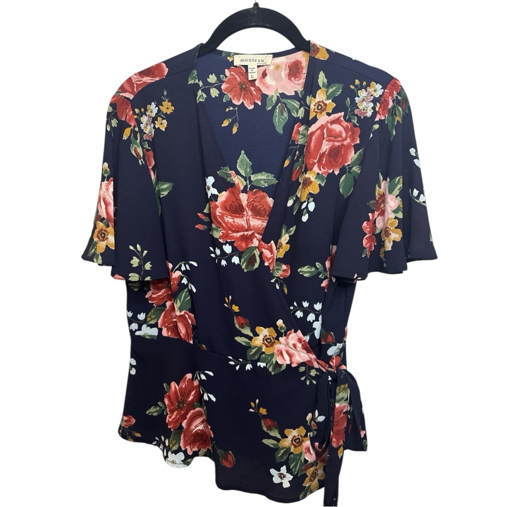 ☀️Monteau Navy Floral Wrap Top Size Large
